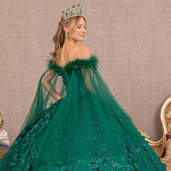 NEW OFF THE SHOULDER SLEEVELESS BALL GOWN WITH MESH CAPE & LACE UP BACK GL3101 - Picture 7 of 11